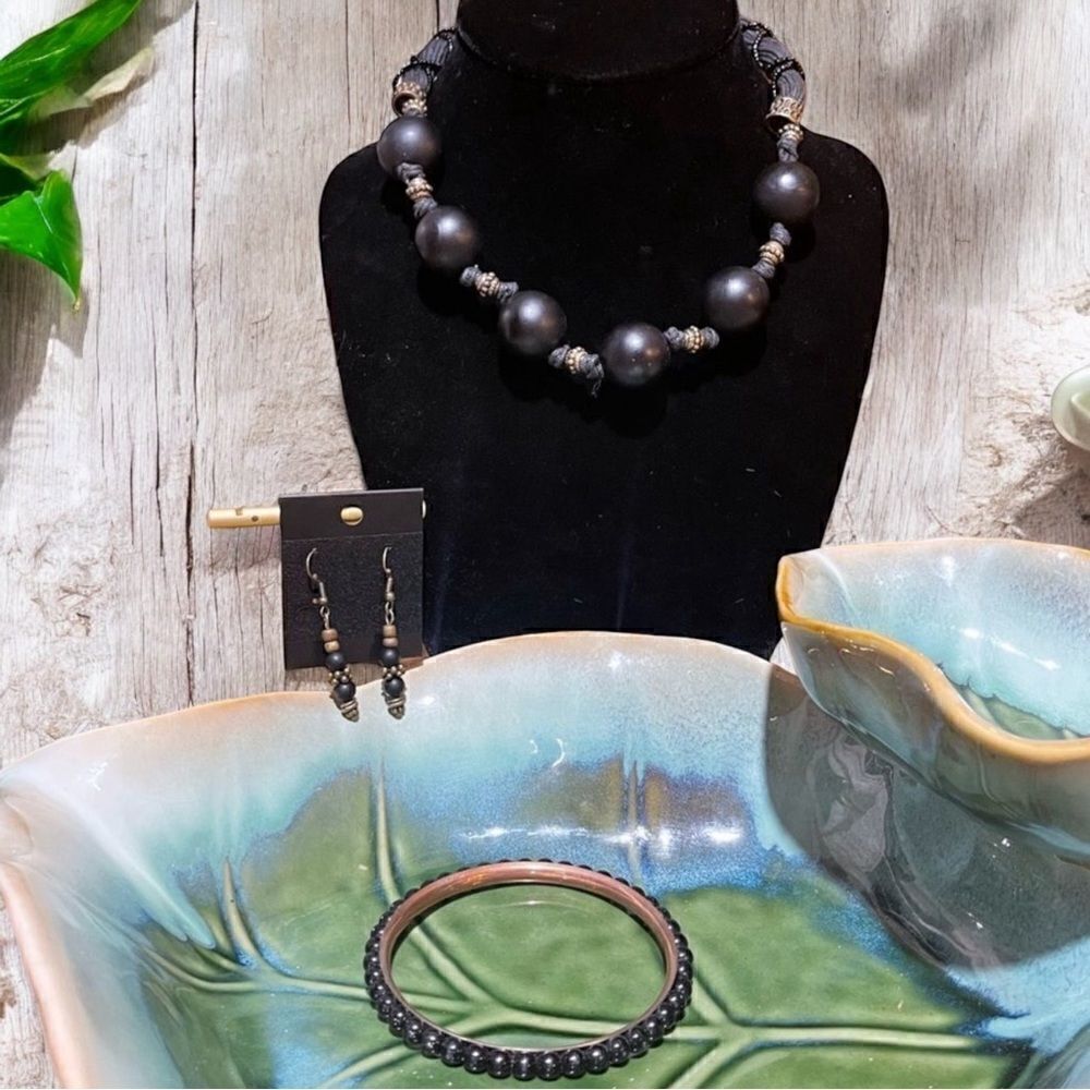 Matte Black Handcrafted Necklace & Earrings + Bangle